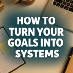 Workspace with a notebook, laptop, coffee cup, pen, and sticky note surrounding the bold text "How to Turn Your Goals Into Systems," emphasizing productivity, planning, and habit-building for long-term success.