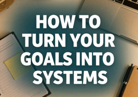 Workspace with a notebook, laptop, coffee cup, pen, and sticky note surrounding the bold text "How to Turn Your Goals Into Systems," emphasizing productivity, planning, and habit-building for long-term success.