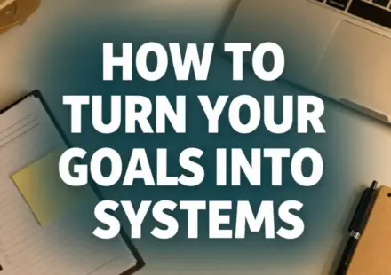 Workspace with a notebook, laptop, coffee cup, pen, and sticky note surrounding the bold text "How to Turn Your Goals Into Systems," emphasizing productivity, planning, and habit-building for long-term success.