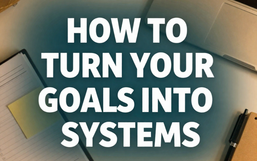 Workspace with a notebook, laptop, coffee cup, pen, and sticky note surrounding the bold text "How to Turn Your Goals Into Systems," emphasizing productivity, planning, and habit-building for long-term success.
